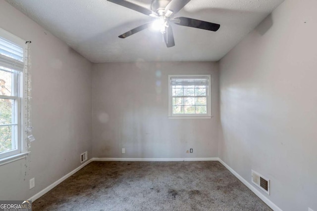 spare room with carpet flooring, ceiling fan, a healthy amount of sunlight, and a textured ceiling