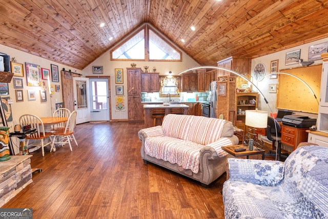 living room featuring high vaulted ceiling, wood ceiling, and dark hardwood / wood-style floors