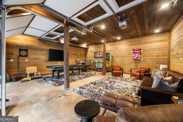 living room featuring wooden walls, wooden ceiling, and pool table