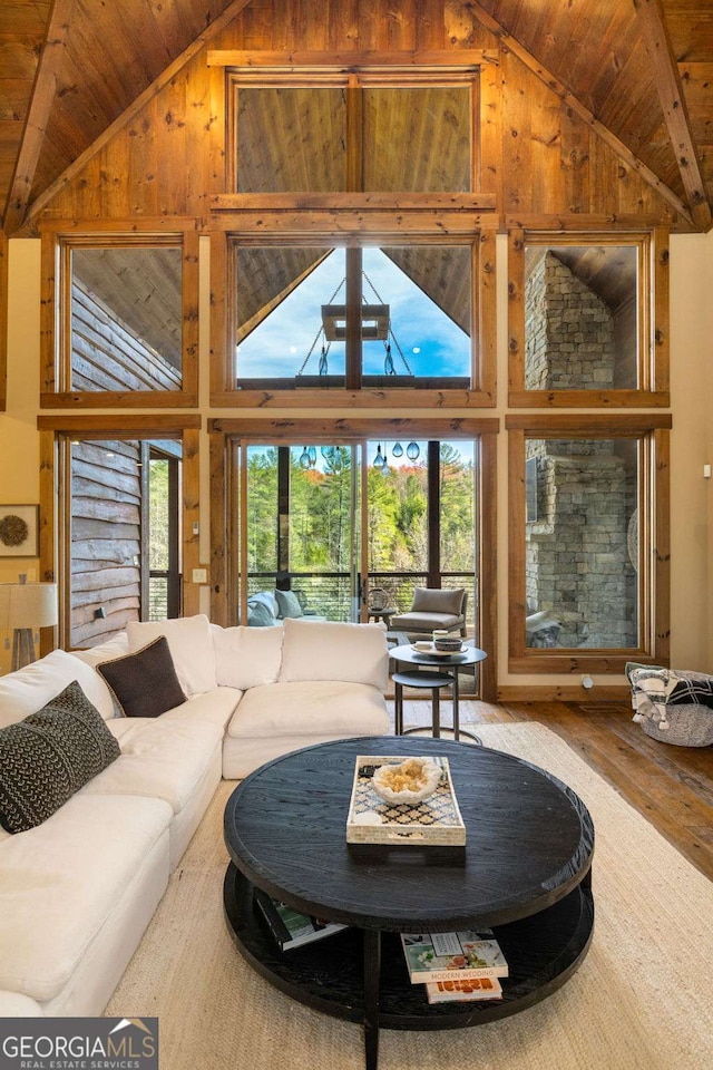 living room with hardwood / wood-style floors, high vaulted ceiling, wooden ceiling, and a wealth of natural light