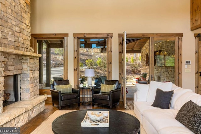 living room with a fireplace, hardwood / wood-style floors, and high vaulted ceiling