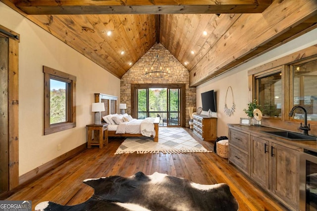 bedroom featuring hardwood / wood-style flooring, wine cooler, wooden ceiling, and sink