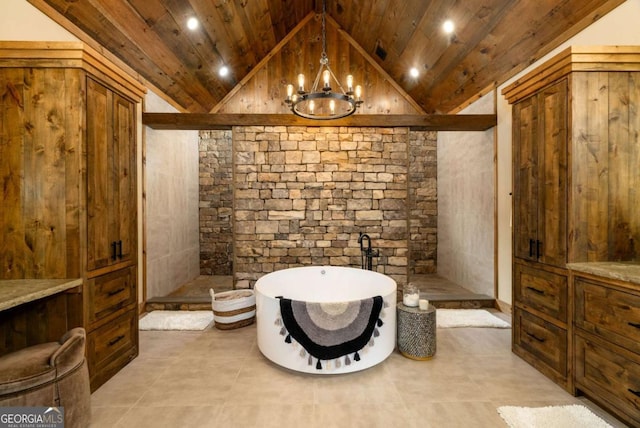 bathroom featuring wood ceiling, high vaulted ceiling, an inviting chandelier, independent shower and bath, and tile patterned flooring