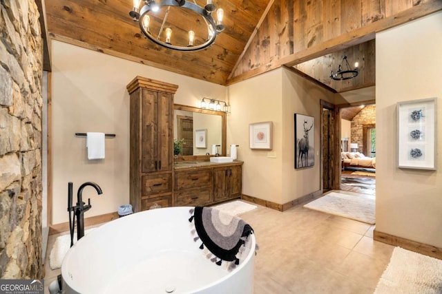 bathroom with high vaulted ceiling, vanity, wooden ceiling, and a notable chandelier