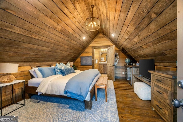 bedroom with lofted ceiling, dark hardwood / wood-style flooring, wooden ceiling, and wood walls