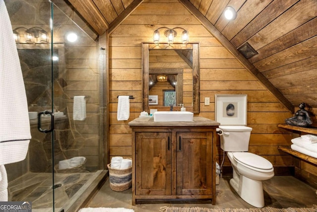 bathroom featuring a shower with shower door, wood ceiling, wooden walls, and vaulted ceiling