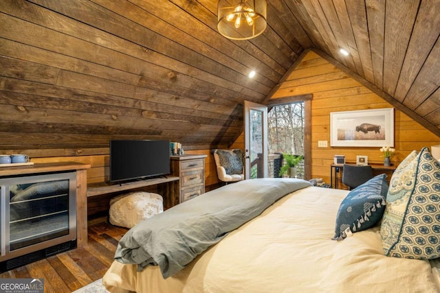 bedroom featuring wood ceiling, wooden walls, dark wood-type flooring, and lofted ceiling