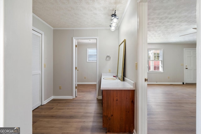 corridor with a textured ceiling, hardwood / wood-style flooring, crown molding, and sink