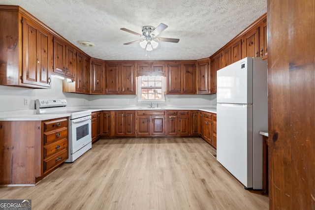 kitchen featuring ceiling fan, light hardwood / wood-style floors, white appliances, and a textured ceiling