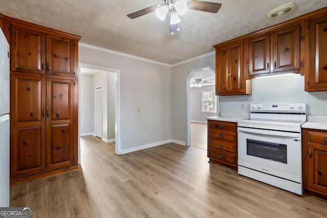 kitchen with white range with electric stovetop, ceiling fan, light hardwood / wood-style flooring, and ornamental molding