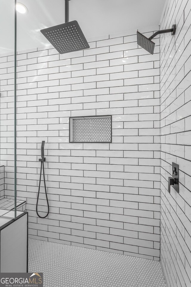 bathroom with tile patterned floors, separate shower and tub, and ornamental molding