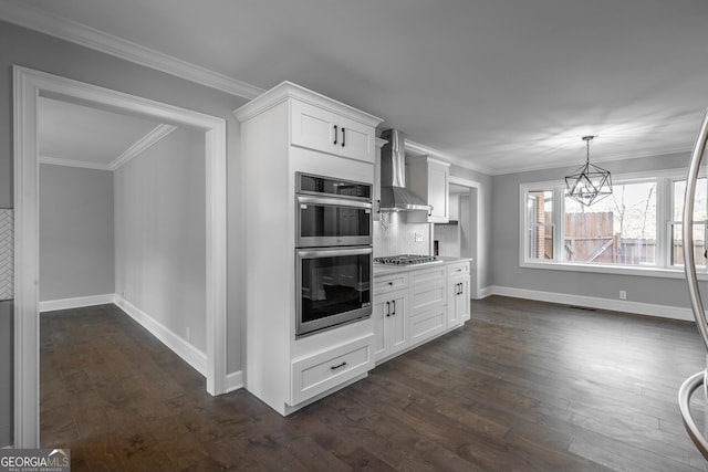 kitchen featuring white cabinets, dark hardwood / wood-style flooring, stainless steel appliances, and wall chimney exhaust hood