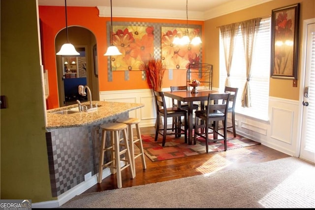 dining space featuring a wainscoted wall, dark wood-style floors, crown molding, and a decorative wall