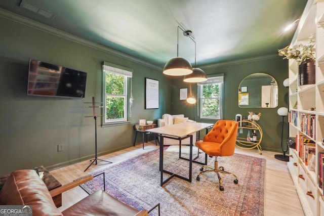 dining room featuring a healthy amount of sunlight, crown molding, and light hardwood / wood-style flooring