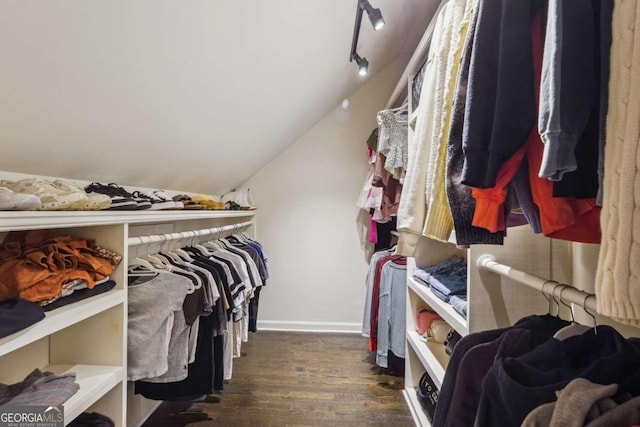 spacious closet featuring vaulted ceiling and dark hardwood / wood-style floors