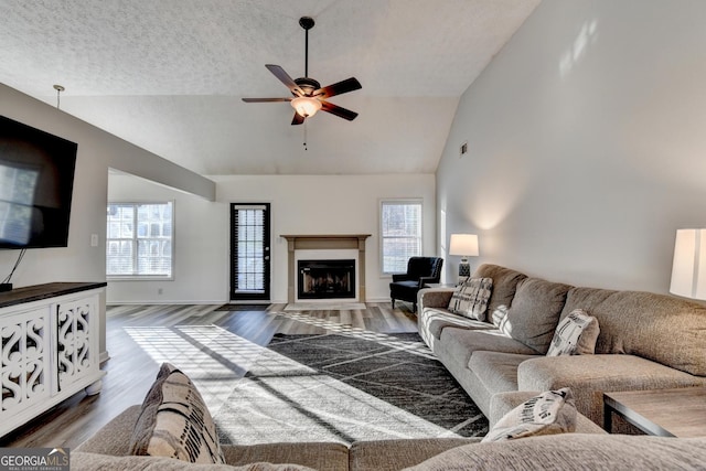 living room featuring ceiling fan, dark hardwood / wood-style flooring, high vaulted ceiling, and a textured ceiling