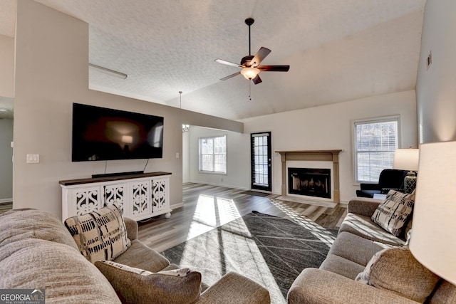 living room with a wealth of natural light, hardwood / wood-style floors, ceiling fan, and a textured ceiling