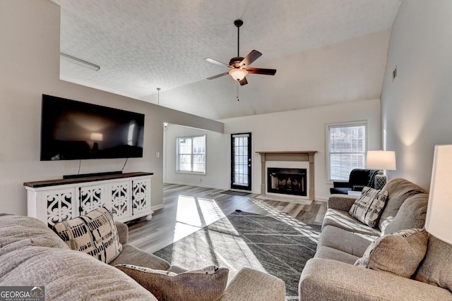 living room with ceiling fan, plenty of natural light, wood-type flooring, and a textured ceiling