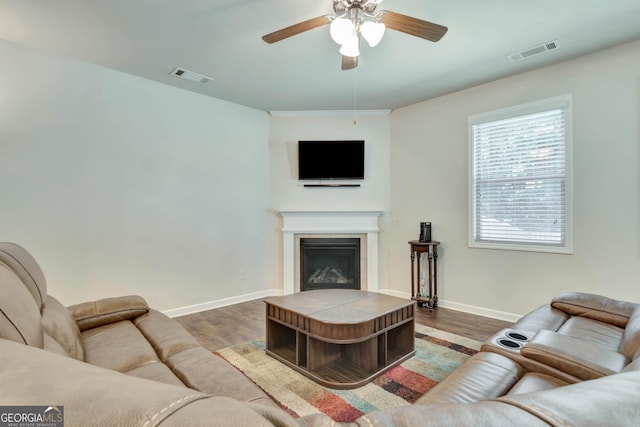 living room featuring ceiling fan and wood-type flooring