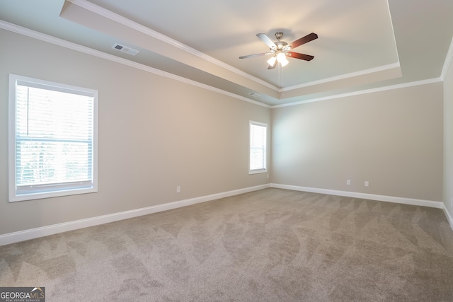 unfurnished room with a tray ceiling, a healthy amount of sunlight, and ornamental molding