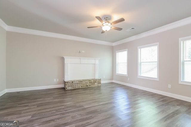 unfurnished living room with ceiling fan, dark hardwood / wood-style floors, and ornamental molding