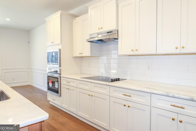 kitchen with a chandelier, wood finished floors, appliances with stainless steel finishes, under cabinet range hood, and a sink