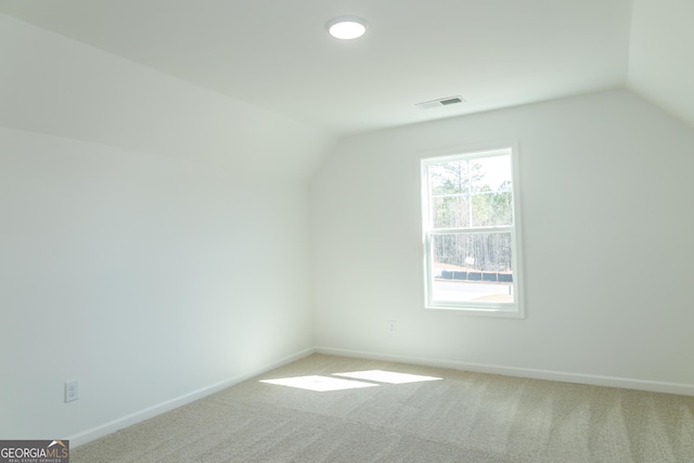 additional living space with visible vents, lofted ceiling, and carpet