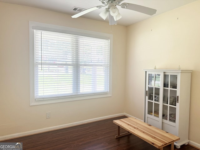 interior space with dark hardwood / wood-style flooring, ceiling fan, and a healthy amount of sunlight