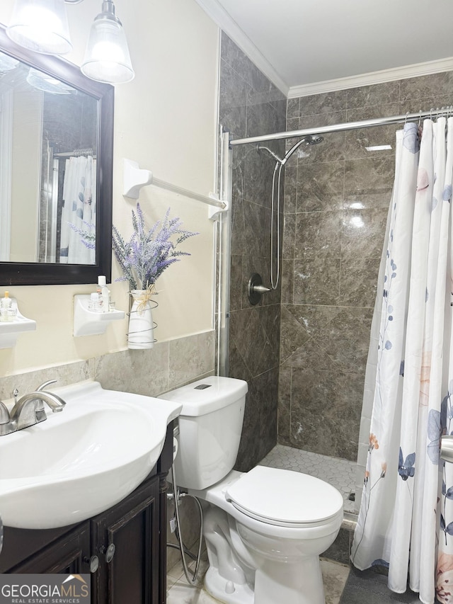 bathroom with toilet, walk in shower, and crown molding