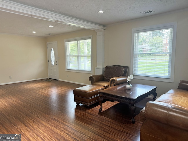 living room featuring a textured ceiling, dark hardwood / wood-style floors, a wealth of natural light, and crown molding