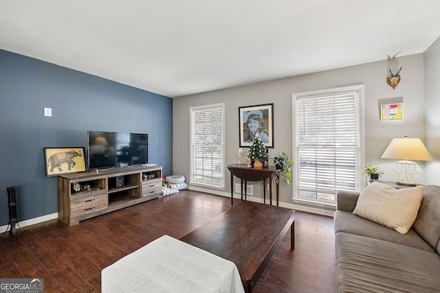 living room featuring a healthy amount of sunlight and dark hardwood / wood-style flooring