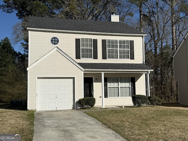 view of front of house featuring a porch, central AC unit, concrete driveway, a front lawn, and a chimney