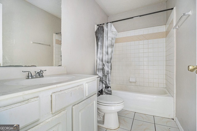 full bathroom with toilet, tile patterned floors, shower / bath combination with curtain, and vanity