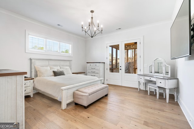 bedroom with french doors, light wood-type flooring, access to outside, and crown molding