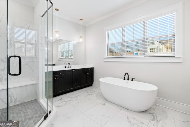 bathroom featuring vanity, ornamental molding, and plus walk in shower