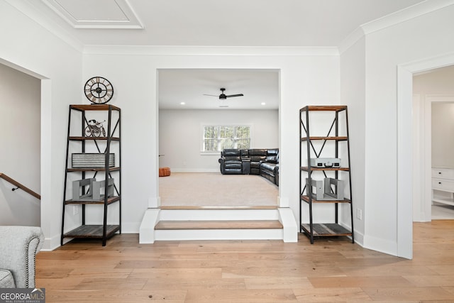 staircase featuring ceiling fan, hardwood / wood-style floors, and ornamental molding