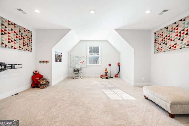 game room featuring carpet floors and lofted ceiling