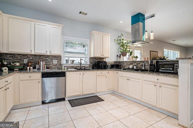 kitchen with decorative backsplash, stainless steel dishwasher, black gas stovetop, island range hood, and sink