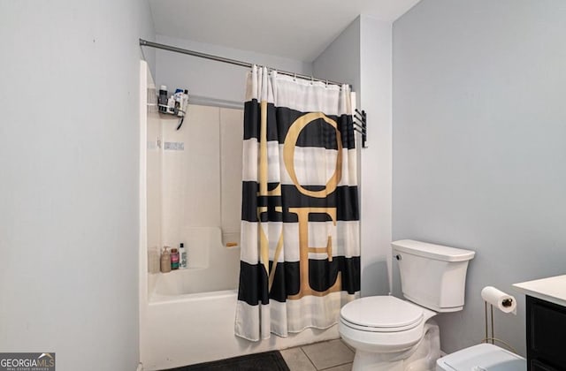 full bathroom with tile patterned flooring, shower / bath combo, toilet, and vanity