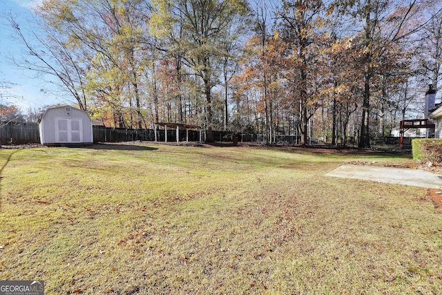 view of yard with a storage shed