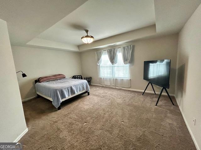 bedroom featuring carpet and a tray ceiling