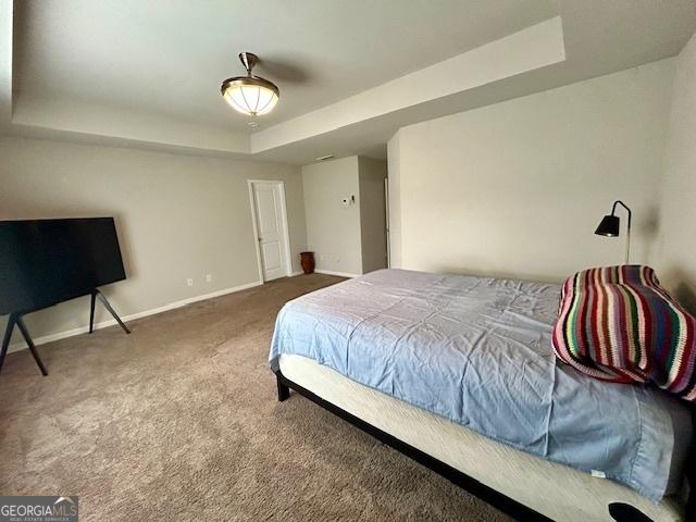 bedroom featuring carpet and a tray ceiling