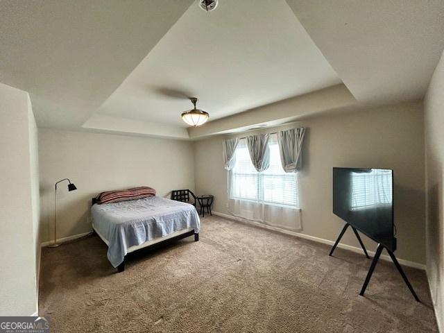 carpeted bedroom featuring a tray ceiling