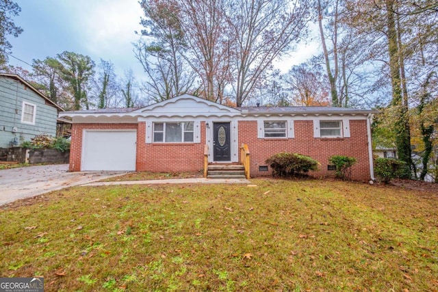 single story home with a front yard and a garage