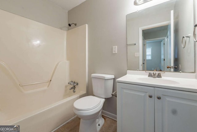 full bathroom featuring bathtub / shower combination, tile patterned floors, vanity, and toilet