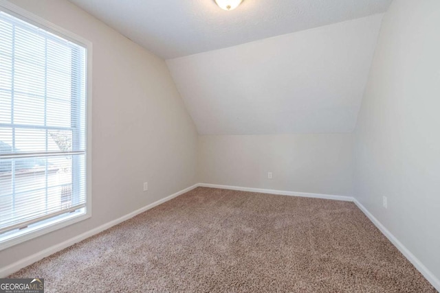 additional living space with carpet flooring, a healthy amount of sunlight, and lofted ceiling