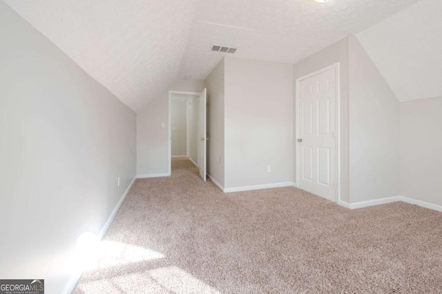 additional living space with lofted ceiling, a textured ceiling, and light carpet