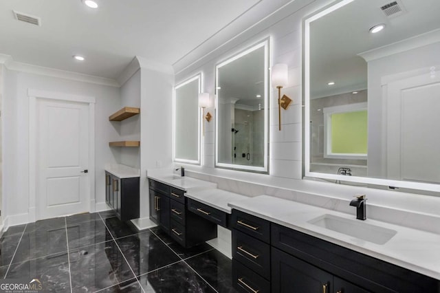 bathroom with vanity, a shower, and crown molding