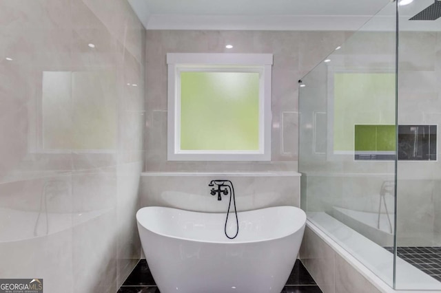 2626 Sardis Way, Buford, GA 30519 - bathroom with a freestanding bath, tile walls, and a walk in shower