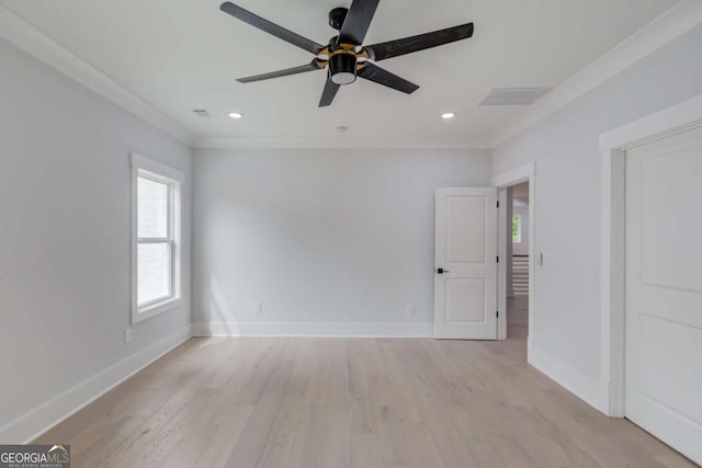 2626 Sardis Way, Buford, GA 30519 - empty room featuring ceiling fan, baseboards, light wood finished floors, recessed lighting, and crown molding